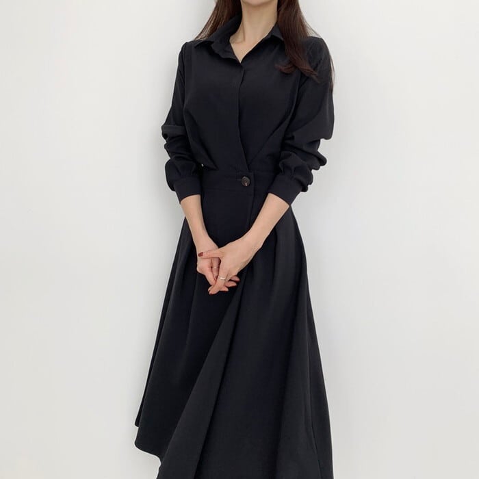 レディース 2色 ワンピース ドレス ロングワンピース ロング丈 ミモレ丈 長袖 襟付き 前ボタン 送料無料】 ワンピース レディース 2色 ドレス ロングワンピース