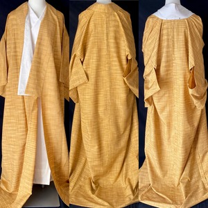 ⁡ 〈単衣織り出し手織り紬〉黄色　格子柄SALE イエベ　身幅広め　普段着着物　軽い　涼しい