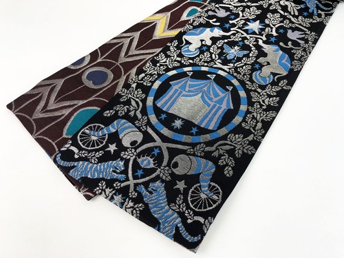 【即納品あり】リバーシブル　西陣織半幅帯　ピーコック×サーカス