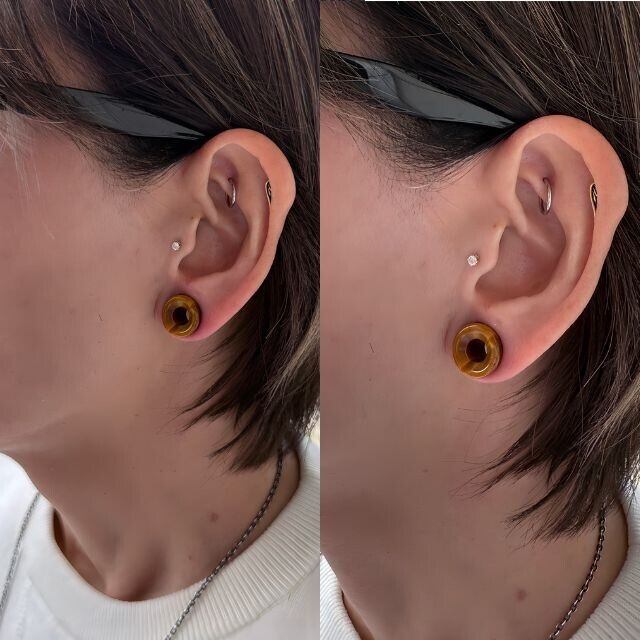 ピアス アレルギー対応 16mm 19mm タイガーアイ ダブルフレア 天然石