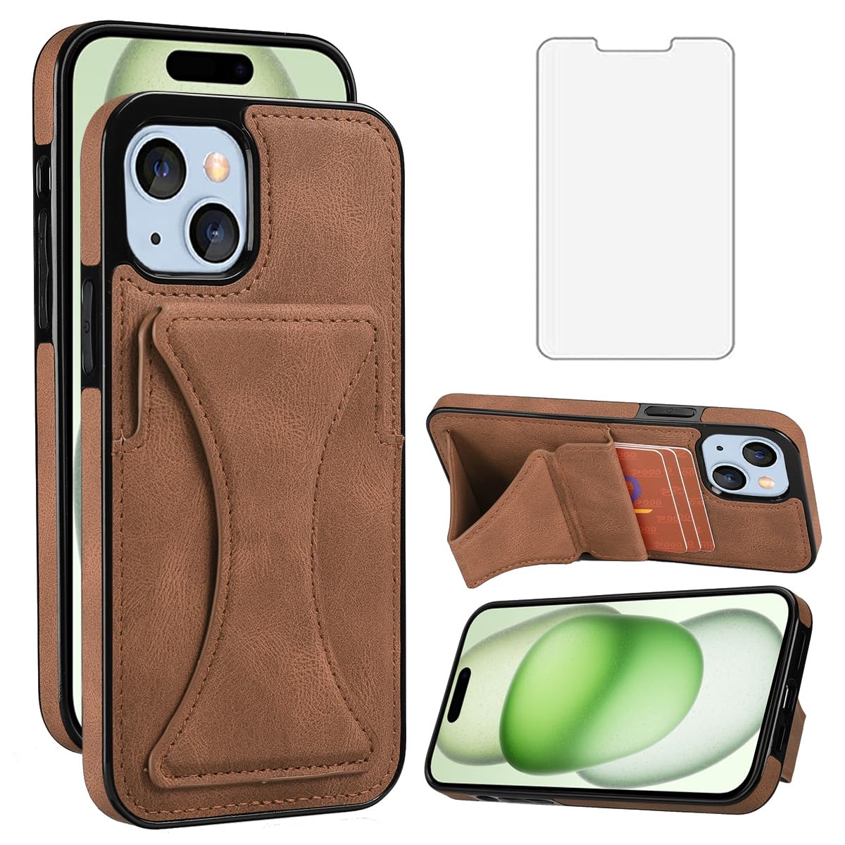 JSCOMYAP iPhone 15 ケース用 いphone15 ケース + iphone15 强化 ガラス フィルム PUレザーカード収納横置きスタンド機能付き 携帯ケース 人気 衝撃吸収 スマホケース Case Cover iP15 アイフォン15 i phone15 いpほね15 アイフォン 15 背面 カバー レディース 6.1インチ(褐色)