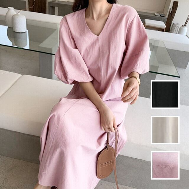 カジュアルワンピース ゆったり Aライン ボリューム袖 リネン風無地 ペールカラー パステルカラー シャーベットカラー 半袖 五分袖 オーバーショルダー ボリューム袖 Vネック ノーカラーAライン フレア マキシ M/L/XL/2XL