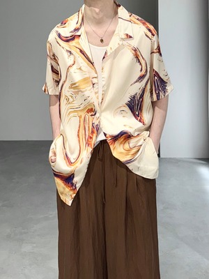 satin marble open collar shirt / beige × orange