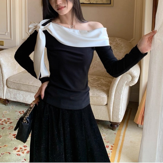 アシンメトリーリボン デザイントップス W00320