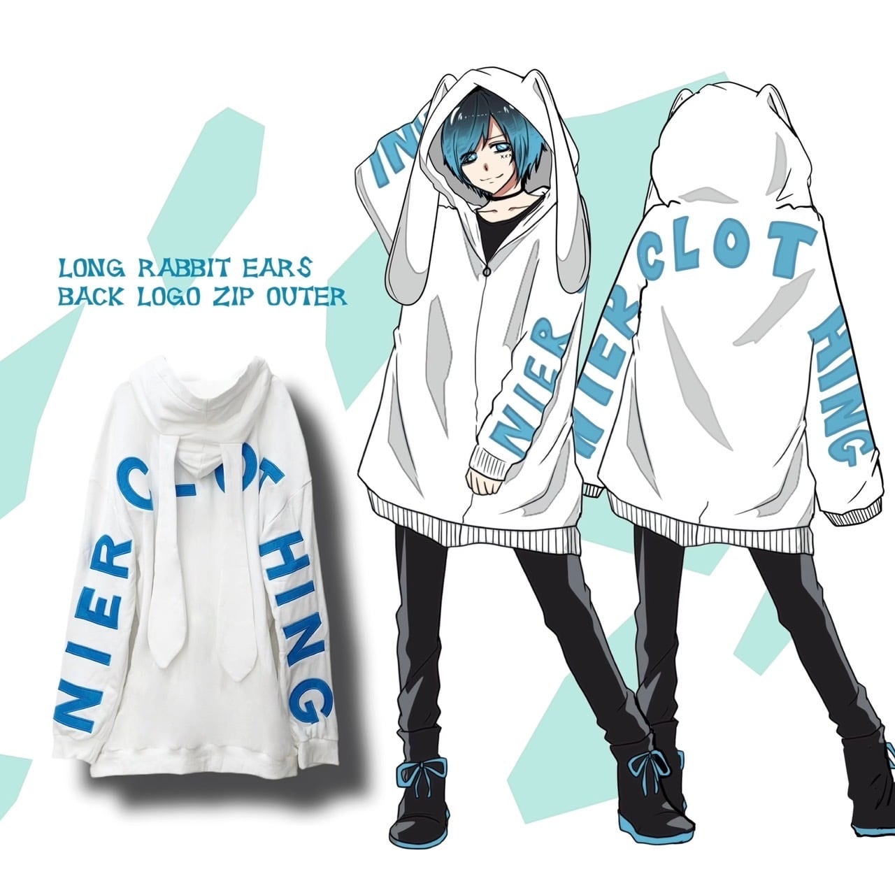 うさ耳付きBACK LOGO ZIP OUTER【WHETE×BLUE】 | NIER ...