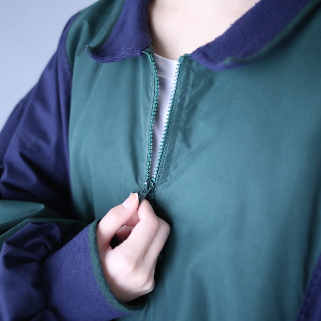 "Master Card" green × navy bi-color switching half-zip pullover