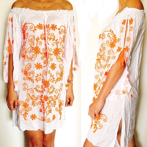 刺繍×タッセル オフショルダー リゾートワンピース (ホワイト)【バリ島直輸入】