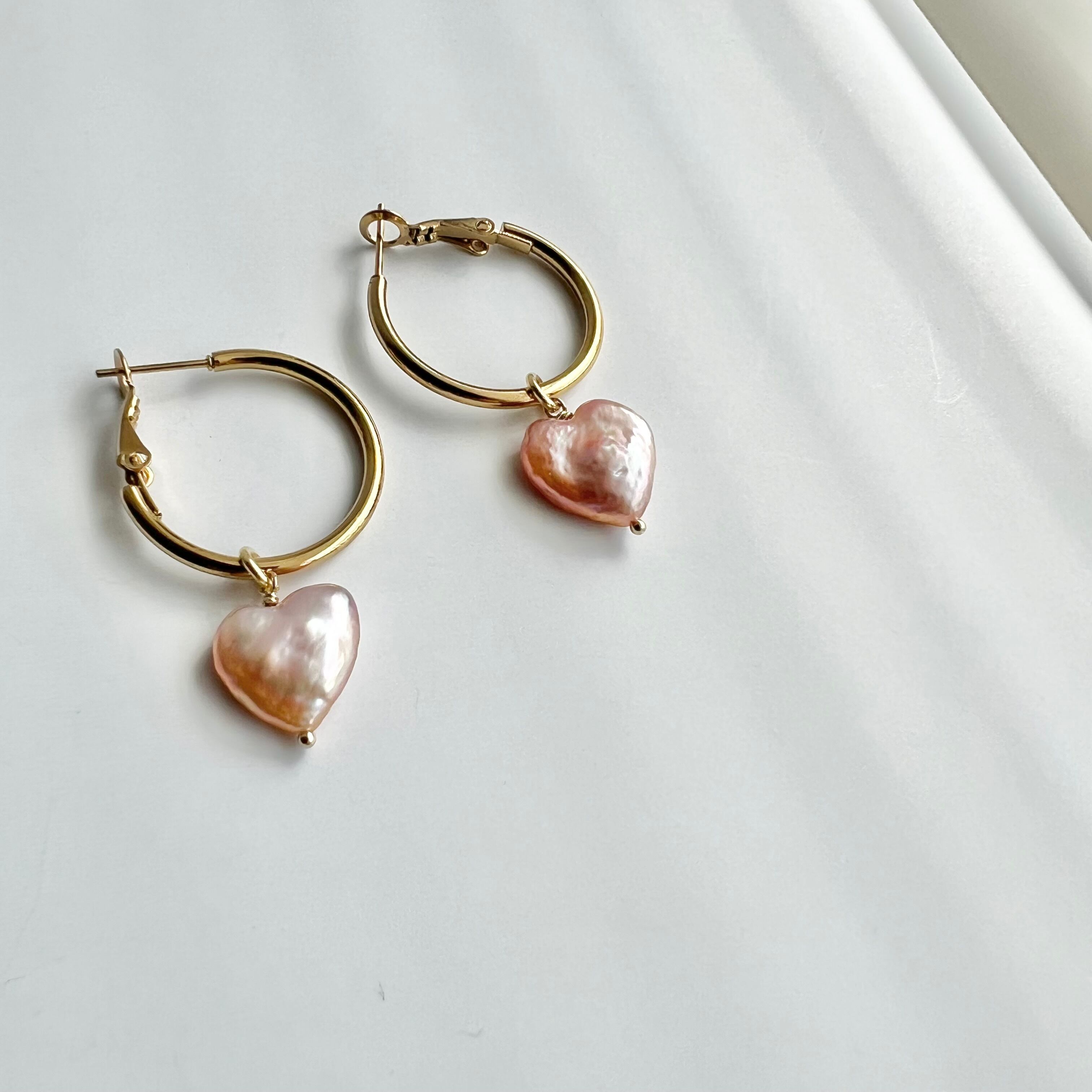 ピンクハート淡水パールフープピアス /イヤリング | Handmade Accessory MU
