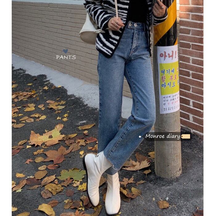 ジーンズ ルーズクロップドオータムウィンターハイウェスト薄手パンツ 秋物 冬物 モンロー21225715906