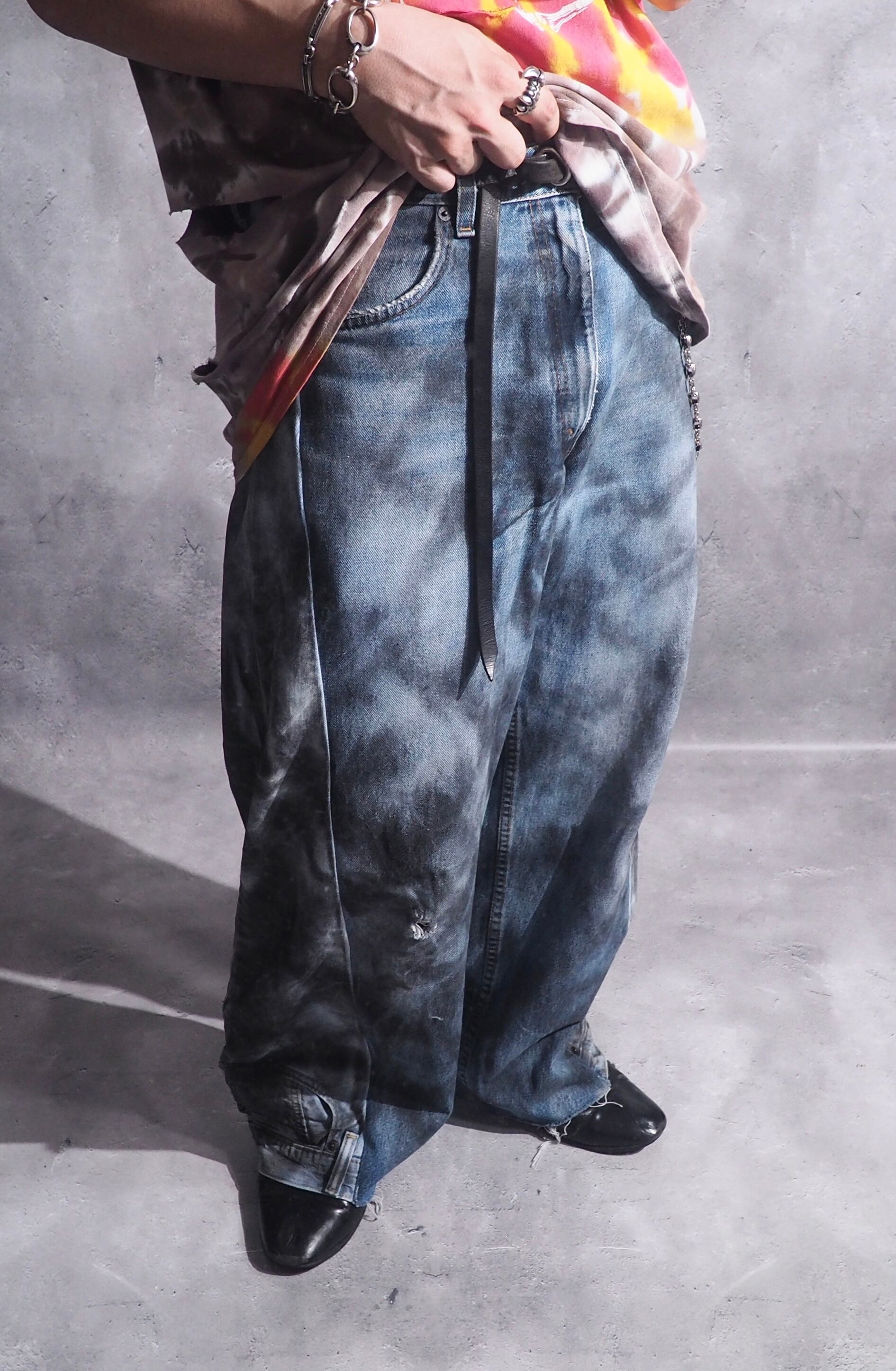 " Special - Re:make " Black Cross Spray × Docking Wide Buggy Denim Pants