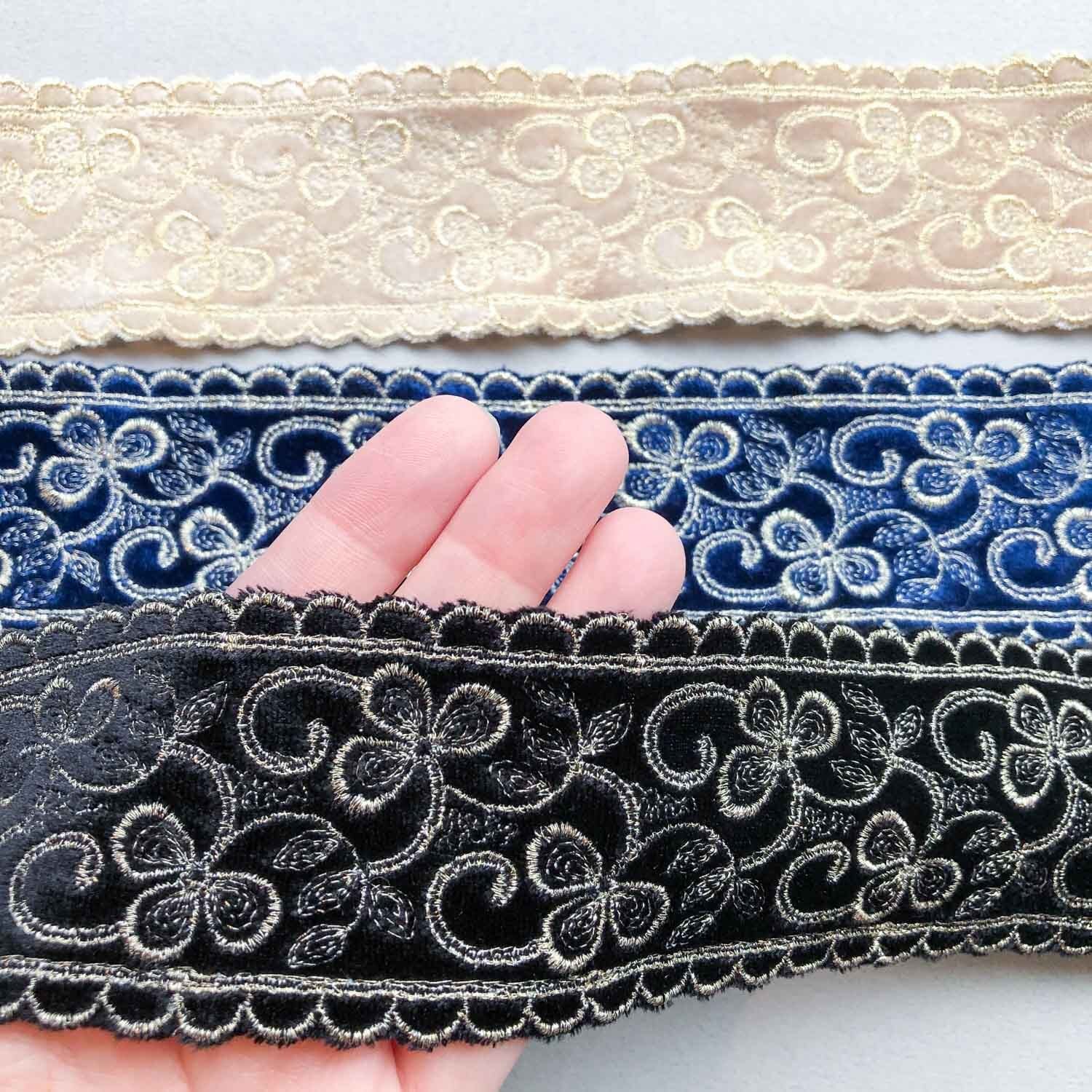 ベロアゴールド刺繍サイドスカラップリボン（1mカット） | Dua