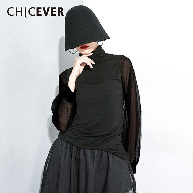 CHICEVERパッチワークメッシュTシャツレディースタートルネック長袖ブラックストリートウェア特大Tシャツ2020秋 ロング オータム 秋物 6base581484940850