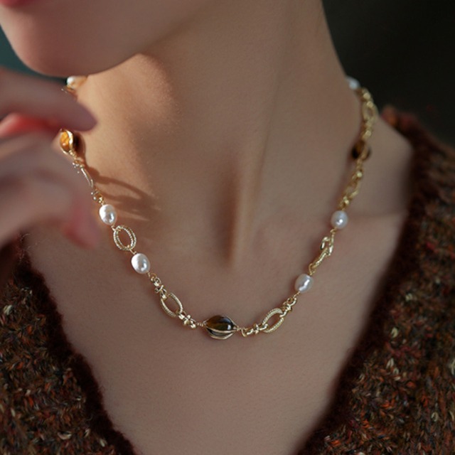 タイガーアイ＆パールネックレス W10187