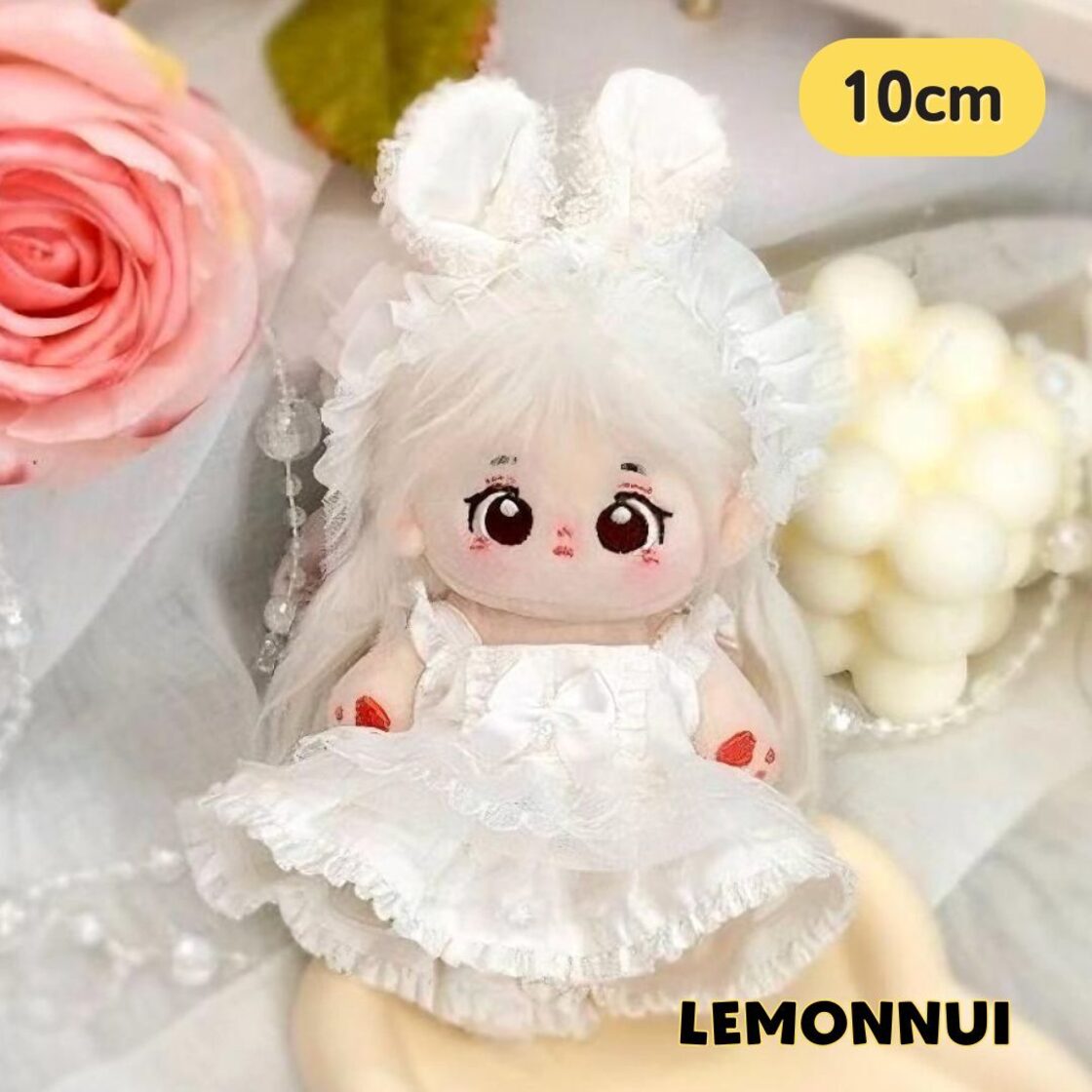 10cm 着せ替え ぬいぐるみ服 白ドレス ちびぬい 耳付き ぬい活 推し活 