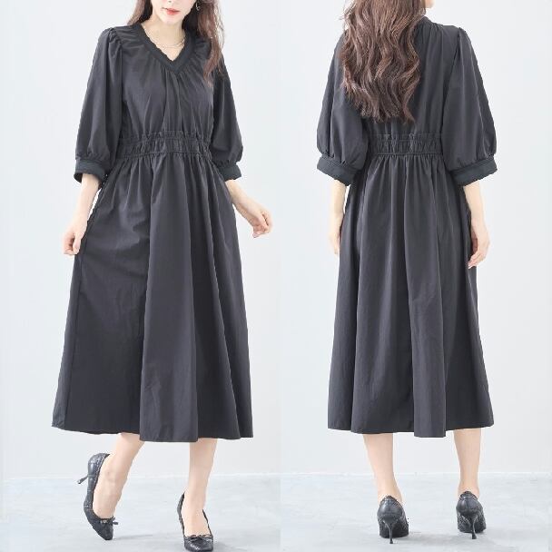 ワンピース ウエストギャザー入り Vネックワンピ C08-215 TRUBE