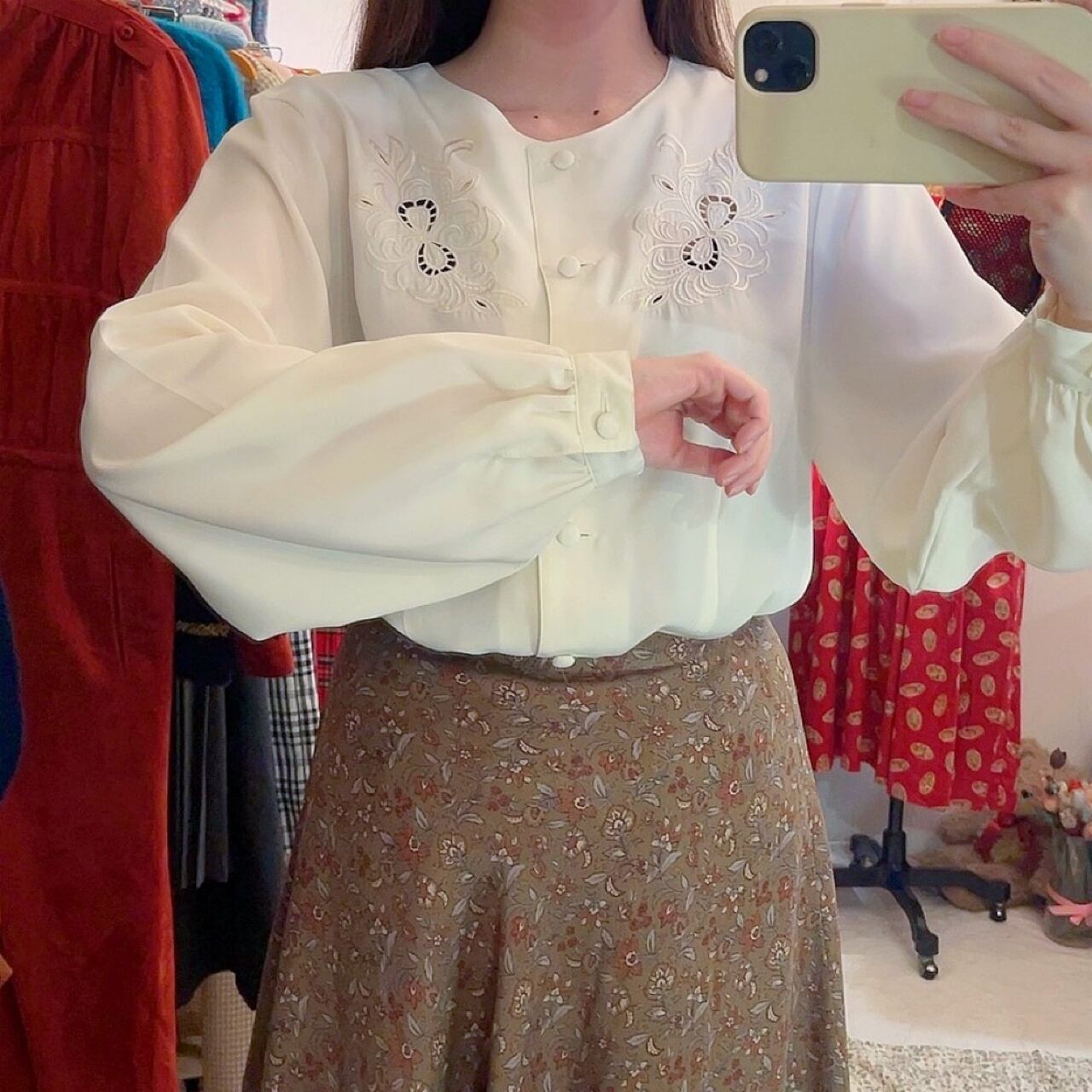 ribbon botanical embroidery blouse