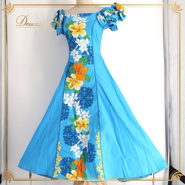 フラダンス 衣装 ALOHA STANDARDS アロハスタンダード ワンピース ドレス ブルー系 日本製 リボン ハイビスカス柄 キルト柄 かわいい 華やか 鮮やか 明るい 水色 青 黄 橙 白 緑 ハワイアン アロハ ハワイアンプリント フラ ダンス 練習