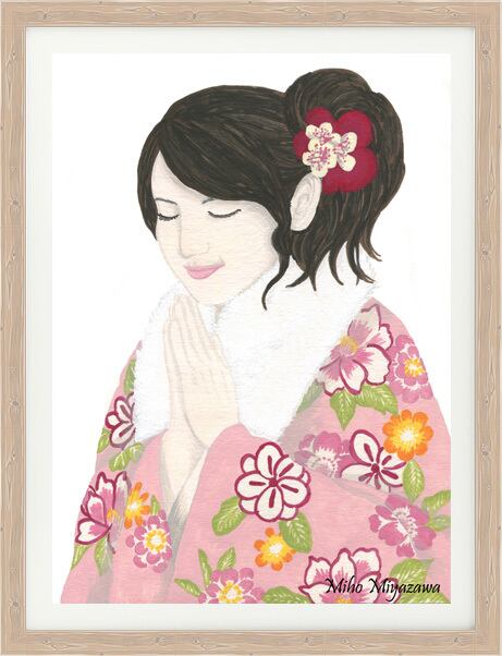オリジナルイラスト原画：初詣着物 | 宮澤美穂 アートワークショップ