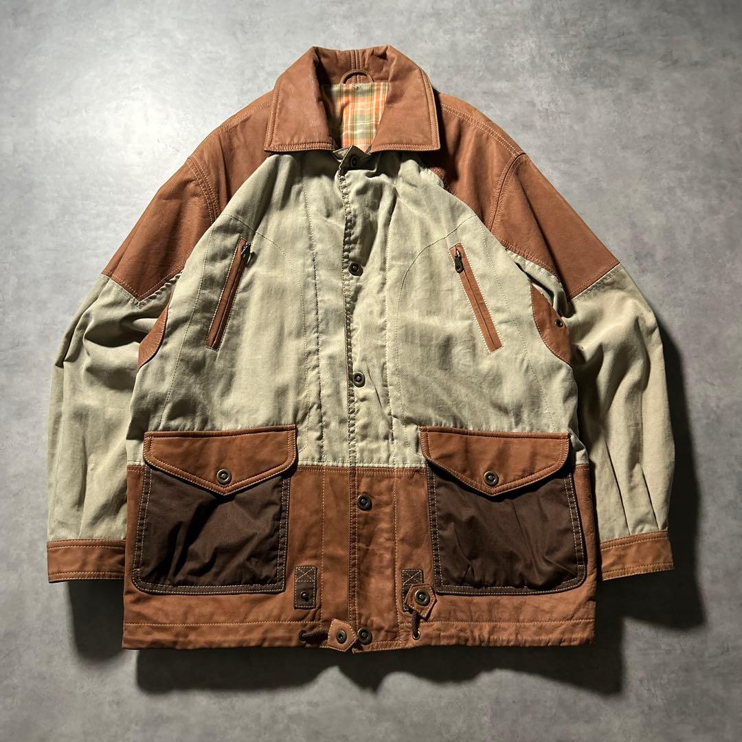 ヴィンテージ レザー 切り替え ワークジャケット ハーフコート マルチポケット