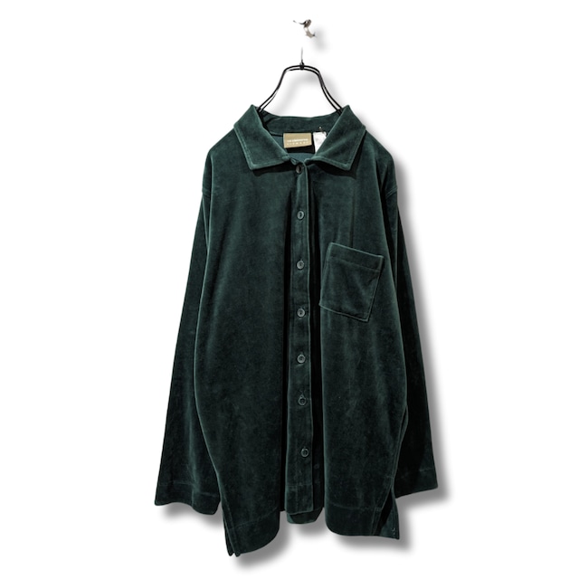 ベロアシャツ 古着 グリーン 無地 シンプル ベロア 緑 PA2