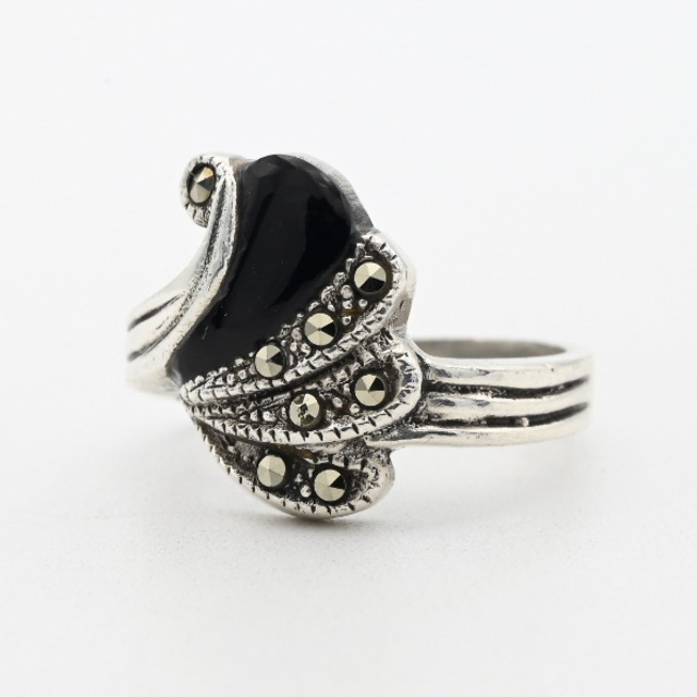 Black Onyx / Marcasite Accent Fancy Feather Motif Ring #10.5 / Denmark