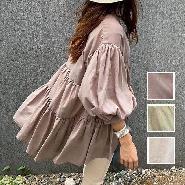 レディース トップス チュニック シアー ティアード ギャザー ゆったり 無地 シアー くすみカラー 七分袖 ドロップショルダー オーバーショルダー パフスリーブ ボリューム袖 パープル/グリーン/クリーム