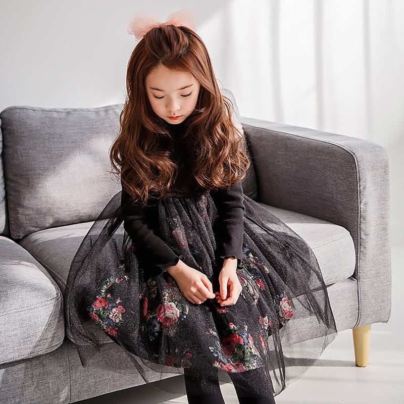 韓国子供服彡 フォーマルシフォン花柄ワンピースドレス発表会