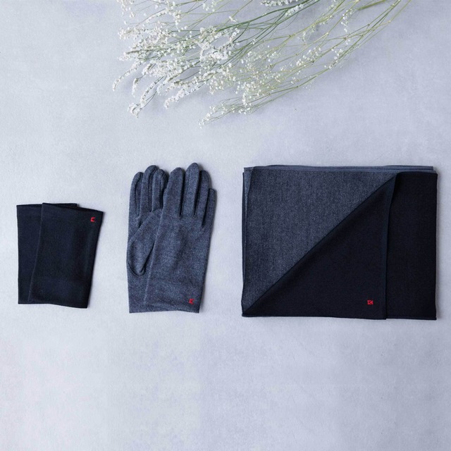 【お得セット】杢ブラック × ブラック コーデ（レディース3点セット）　ロングマフラーと手袋にリストマフラーをプラス