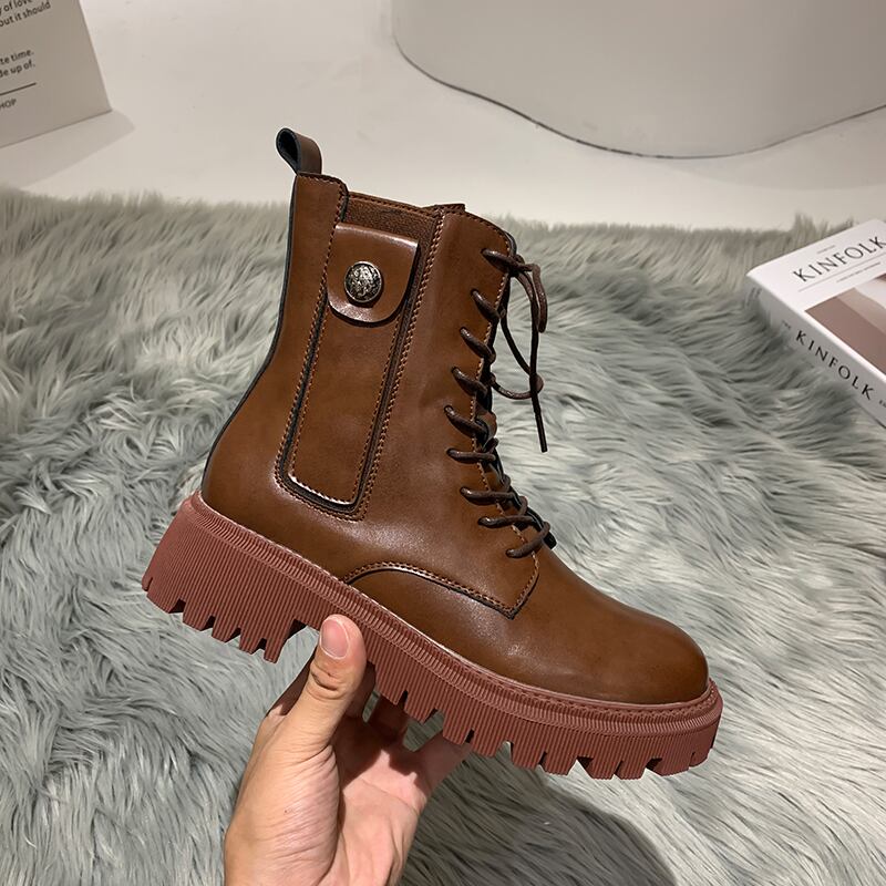 ブーツショートオータムレッドカジュアル レース 靴 シューズ 秋物 レースアップ フェイクシューズ7239074086