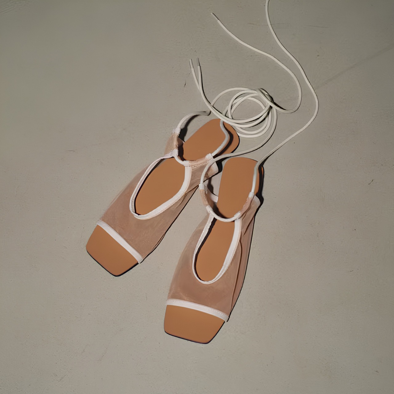 Mesh Open Toe Ribbon Flat Shoes F0371