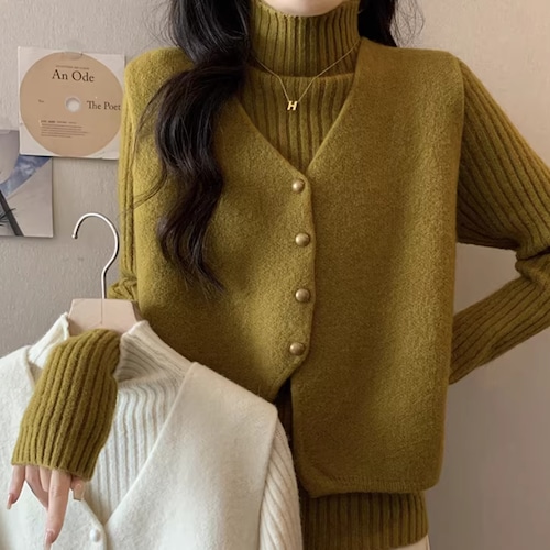 【2点セット】2色／ハイネックリブニットトップス＋Vネックニットベスト ・74045