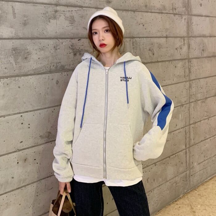 カラーフードセーター スプリングオータムルーズカジュアルジャケット トップス ロング 春物 秋物 1号婦人44368715452