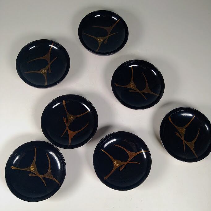 A762 木製輪島塗懐石道具黒塗鶴に紅葉蒔絵吸い物椀5客 茶