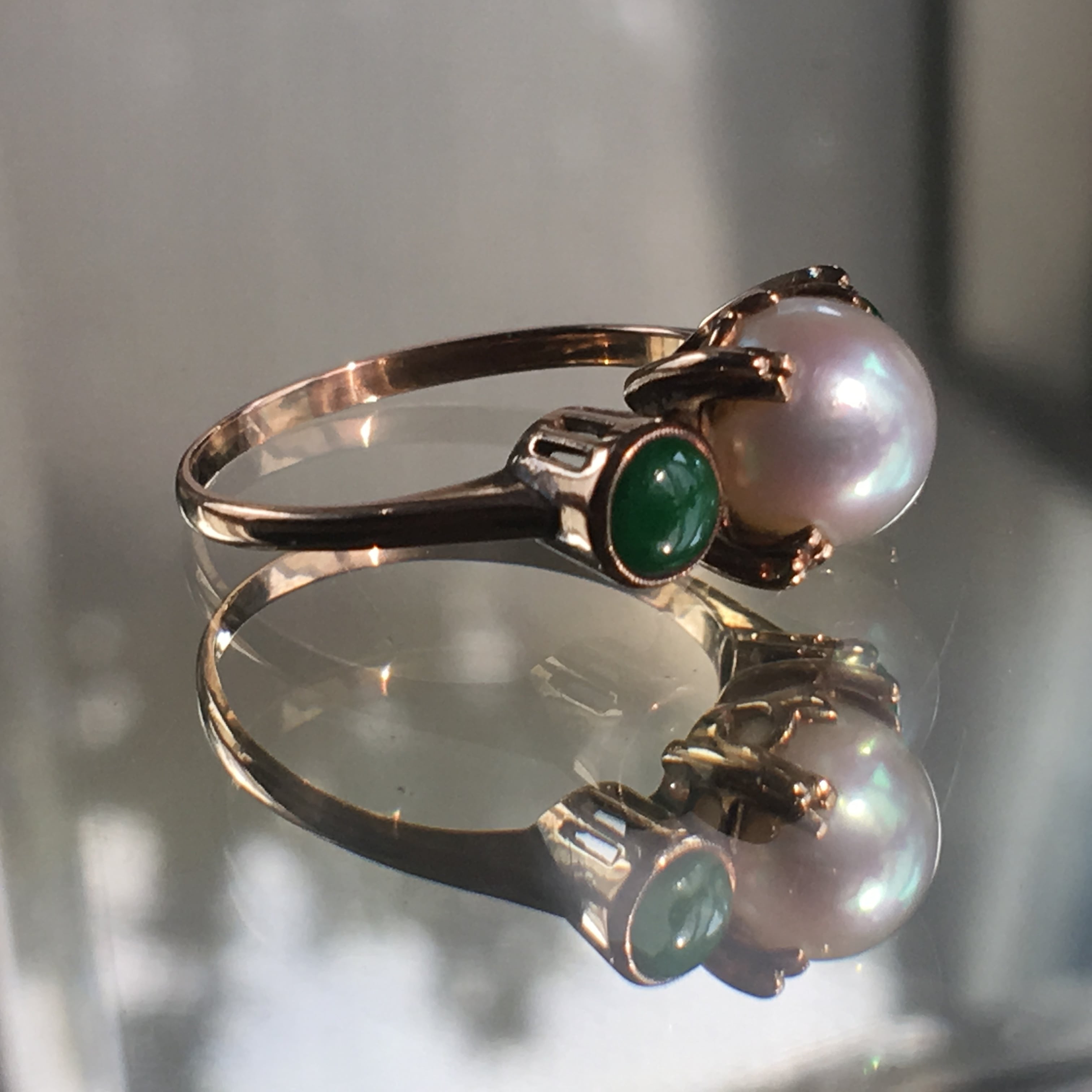 ヴィンテージ あこや本真珠と翡翠のクラシカルリング