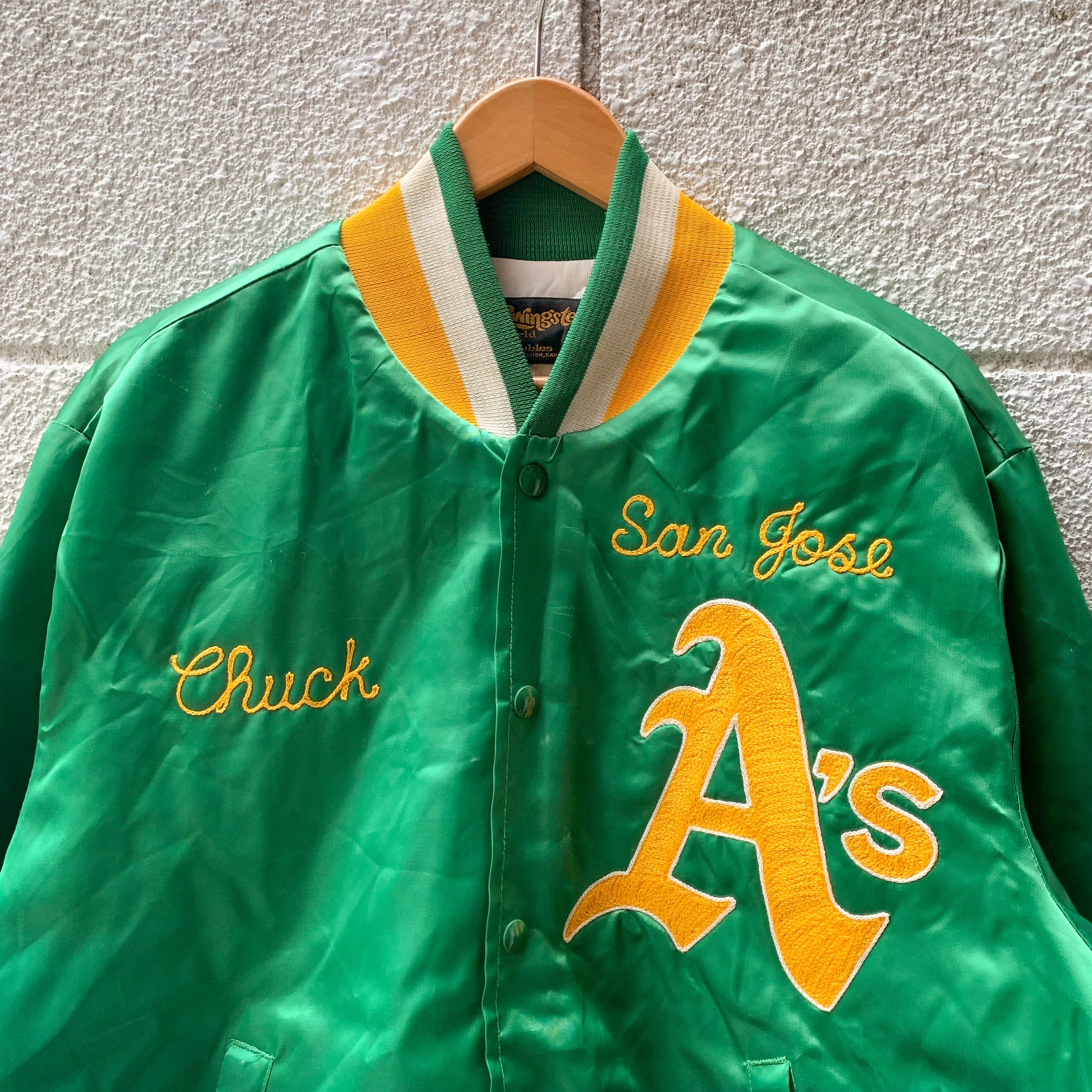 80's MLB Oakland Athletics Nylon Stadium Jacket L / オークランドアスレチックス メジャーリーグ  スタジアムジャケット スタジャン ナイロン 古着 ヴィンテージ