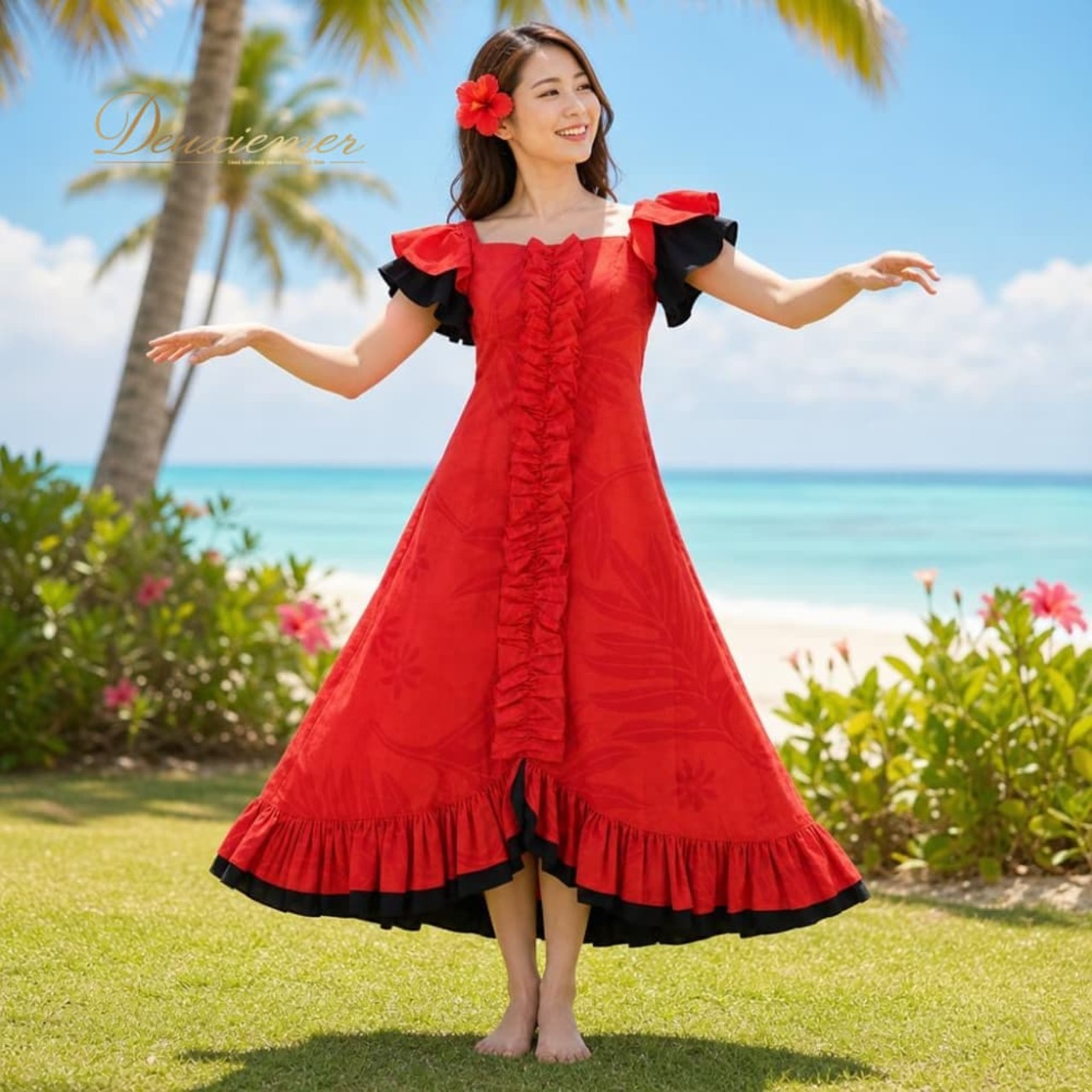 フラダンス 衣装 ALOHA STANDARDS アロハスタンダード ワンピース ドレス レッド系 ラウアエ柄 花柄 植物柄 ハワイアンプリント ハワイアン アロハ フラ ダンス レッスン 練習 ハワイアンダンス フリル ブラック系 赤 黒 華やか 鮮やか かわいい おしゃれ 上品 大人っぽい