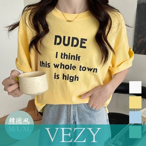 英字ロゴプリント半袖Tシャツスリット入り ラウンドネックTシャツ ゆったり プルオーバー 体型カバー 半袖 大人カジュアル 前後差 夏服 韓国風 通学Tシャツ 半袖VEZY ベジー  ItemNo.【17570999】