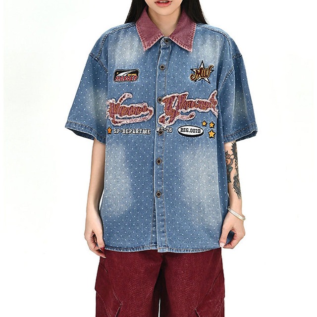 ドットウォッシュワッペンデザインシャツ 1col   R01675