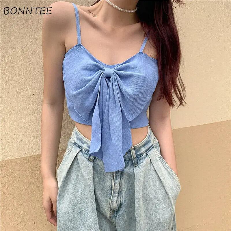 【新作】【送料無料】 クロップトップスレディースラブリーシックトップ女性弓固体キャミソールかわいいかわいい最新夏セクシーなスリムノースリーブキャミソールファッショナブルな甘い 0261670987545