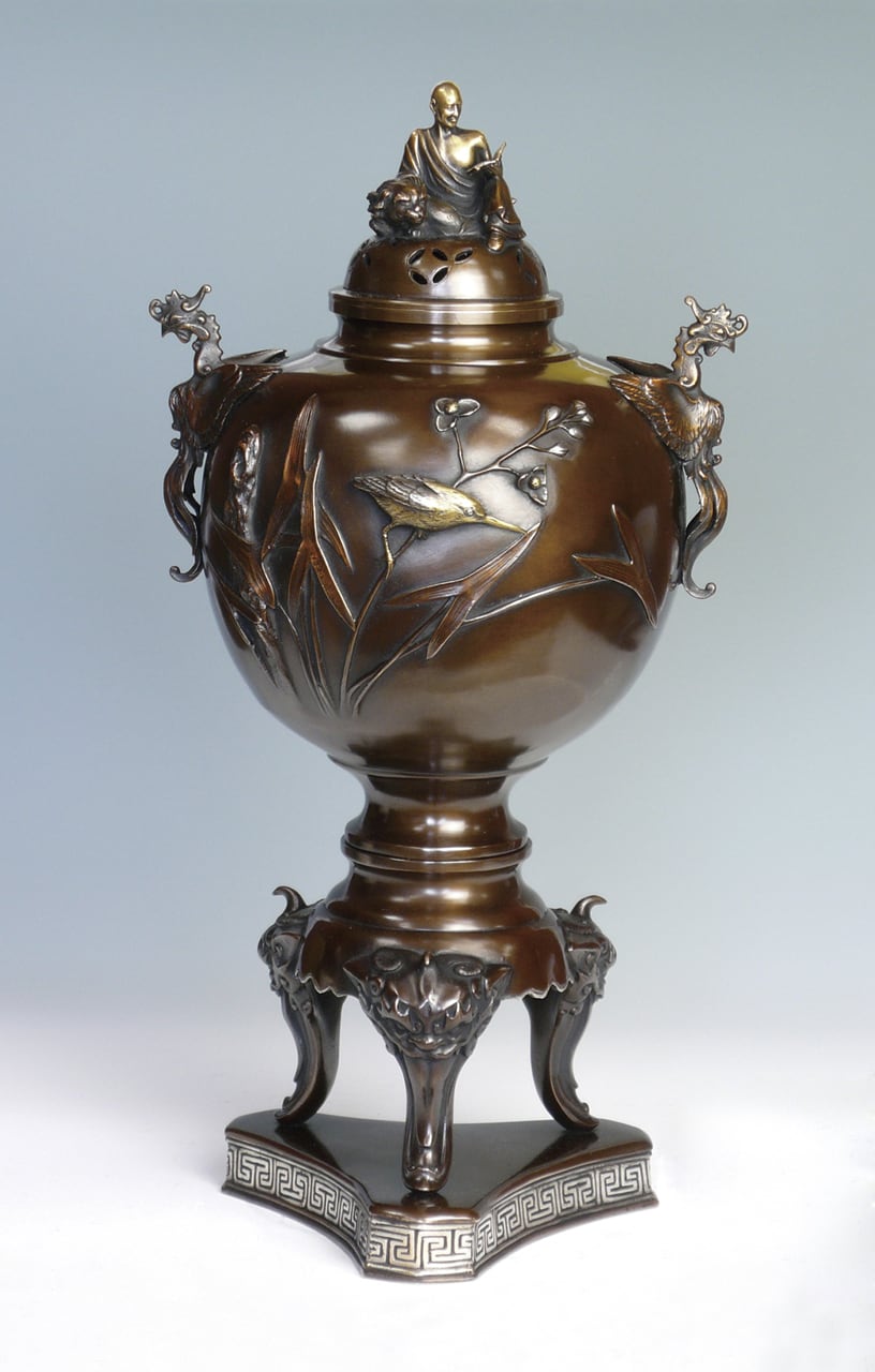 獅子足川蝉羅漢蓋香炉 正晴作