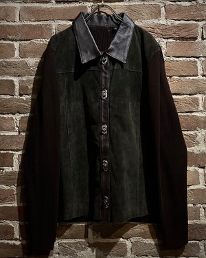 【Caka act3】Turn Rock Design Vintage Leather × Knit Jacket