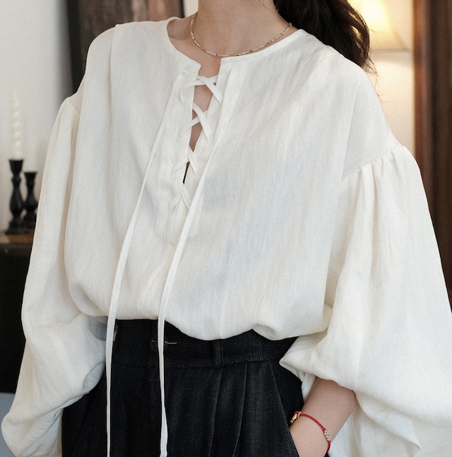 ribbon tie puff sleeve shirt【2025092201】