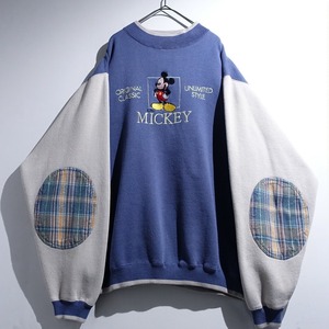 90s "Disney" Blue Mickey Embroidery & Check Elbow Patch Design Sweat