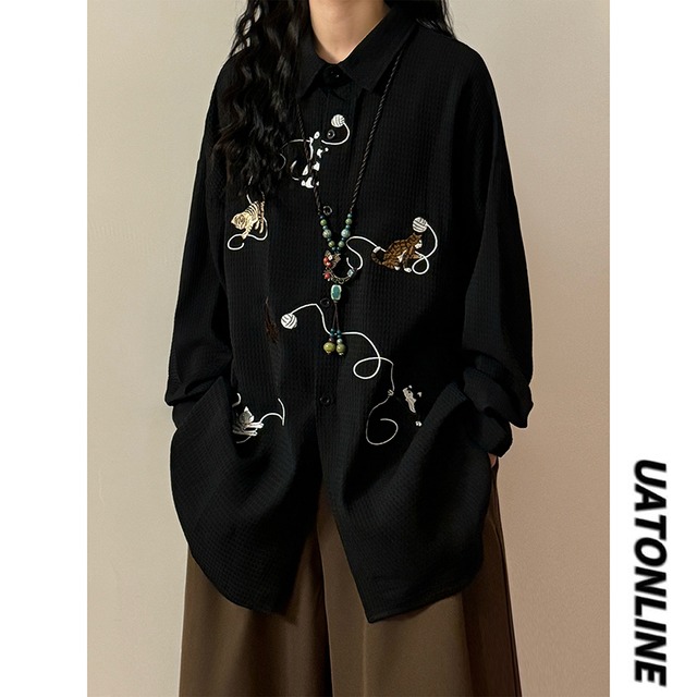 【UATONLINEシリーズ】★シャツ★ 3color 刺繍 トップス 長袖シャツ 男女兼用 メンズ 猫 ねこ ネコ