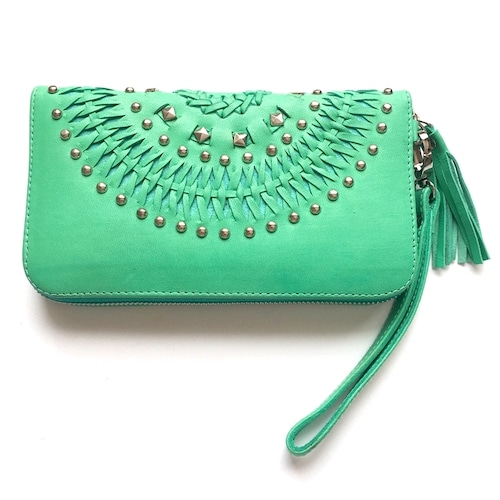 ボヘミアン 本革 レザー タッセル付 ウォレット(ターコイズグリーン×編込みスタッズ) 財布 長財布 パスポート入れ【バリ直輸入】