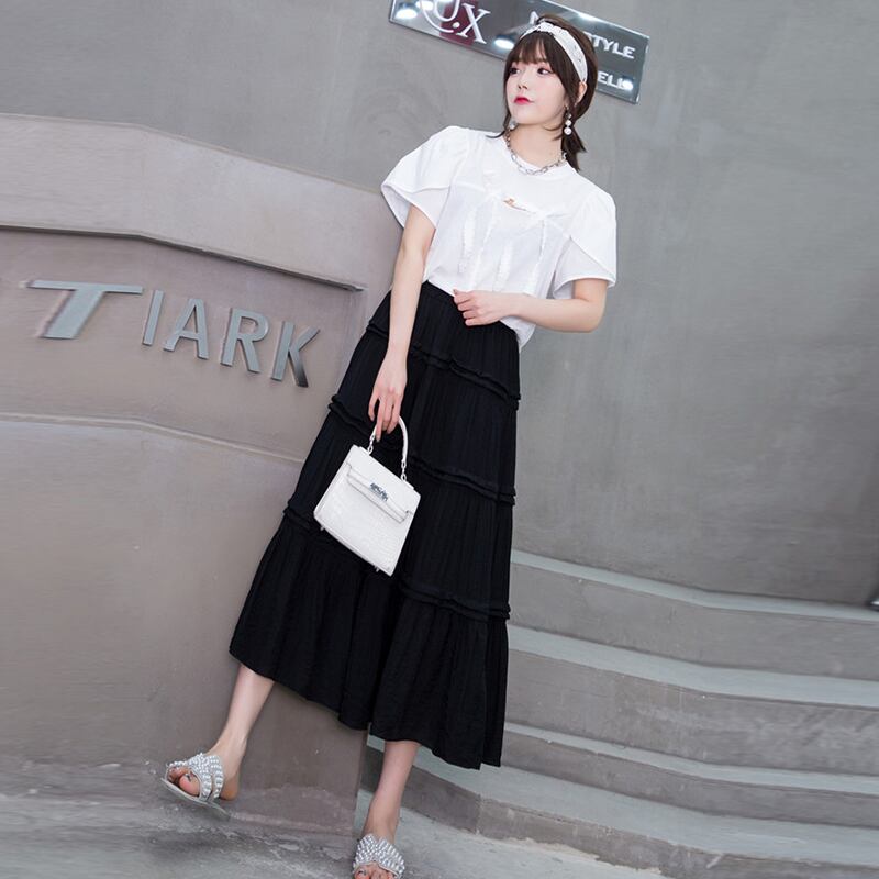 リボンショートTシャツ ブラウス スカート 大きめサイズ ミックスインファッション93364829587