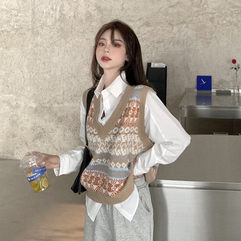 ジャカードニットスプリングルーズスタイルVネックセーター 春物 スーパーモール54347396291