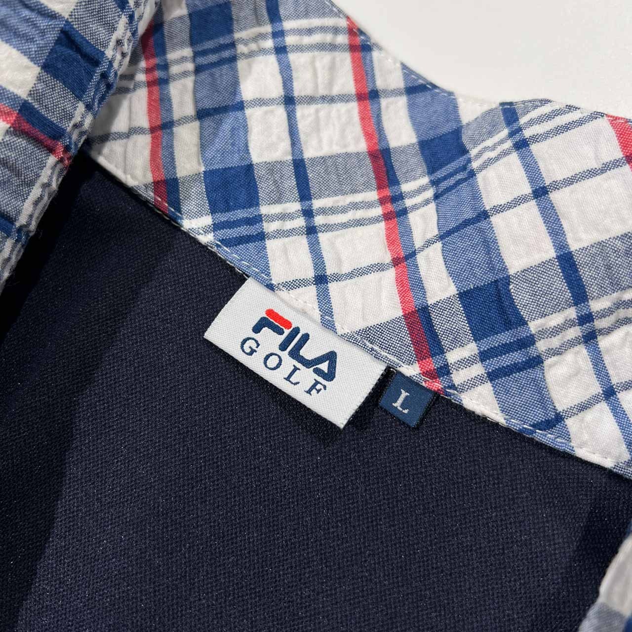 FILA GOLF フィラ ゴルフ チェック柄 シアサッカー ワンピース シャツ ジップアップ サイズ L /ブルー×ホワイト×レッド/レディース