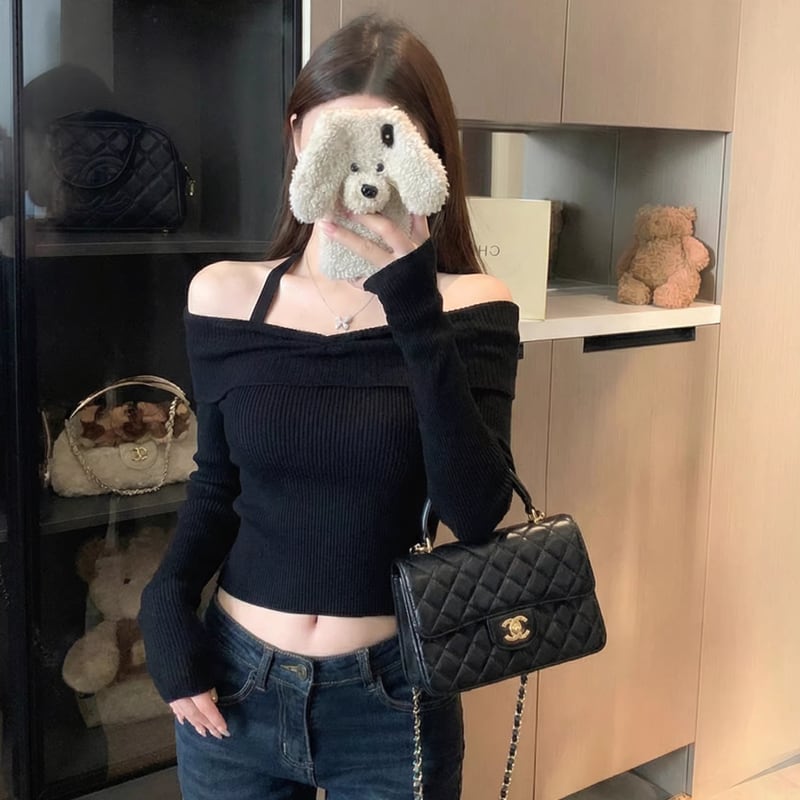 【tops】ホルターネックニットトップス Q7928