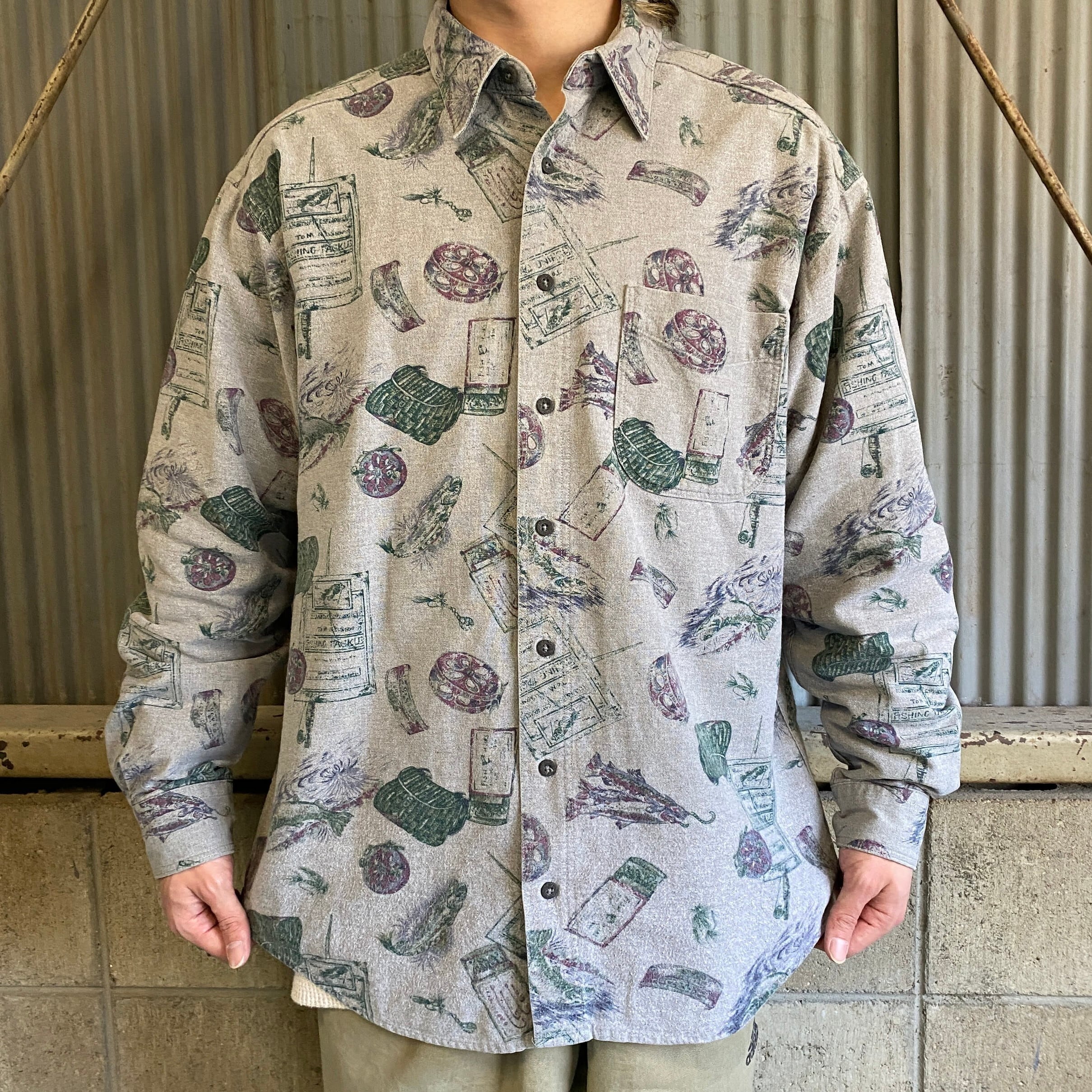 90年代 USA製 Wool Rich ウールリッチ 釣り魚 総柄 オールプリント